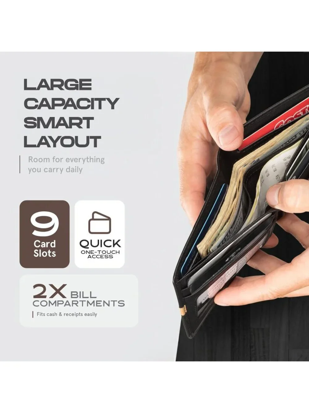 Men's Black-Tumbled Leather Bifold Wallet 9 Total Card Slots Dry Cloth Clean